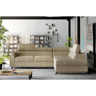Canapé d'angle convertible - KARL - en tissu luxe 5 places, beige, angle droit (vu de face)