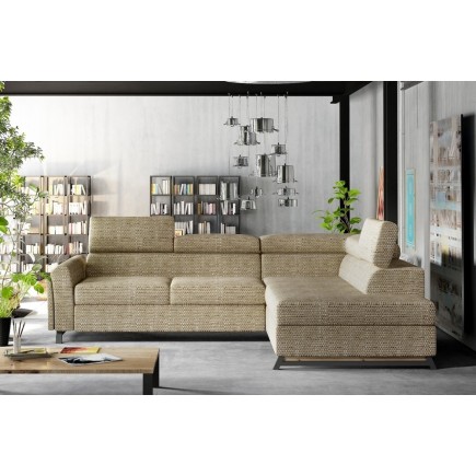 Canapé d'angle convertible - KARL - en tissu luxe 5 places, beige, angle droit (vu de face)