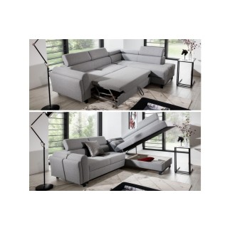 Canapé d'angle convertible - KARL - en tissu luxe 5 places, beige, angle droit (vu de face)
