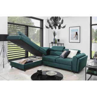 Canapé d'angle convertible - KARL VELOURS - en tissu prestige - 5 places, vert, angle gauche (vu de face)