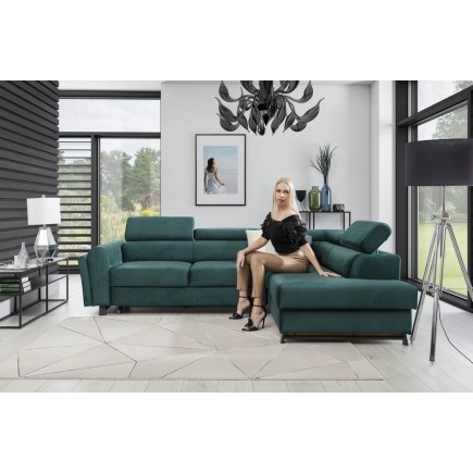 Canapé d'angle convertible - KARL VELOURS - en tissu prestige, 5 places, vert, angle droit (vu de face)