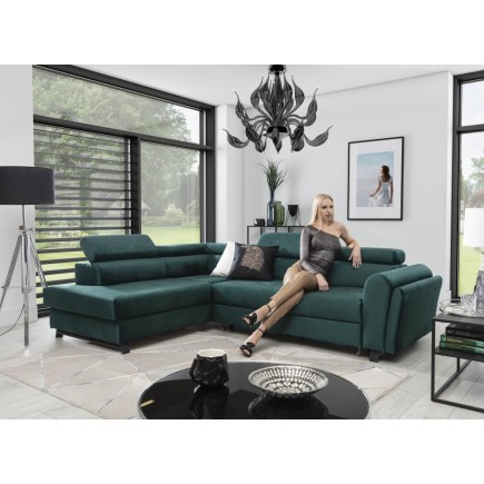 Canapé d'angle convertible - KARL VELOURS - en tissu prestige, 5 places, vert, angle droit (vu de face)