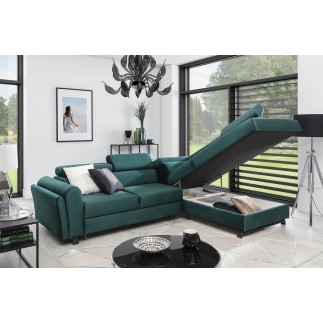 Canapé d'angle convertible - KARL VELOURS - en tissu prestige, 5 places, vert, angle droit (vu de face)