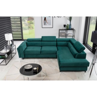 Canapé d'angle convertible - KARL VELOURS - en tissu prestige, 5 places, vert, angle droit (vu de face)