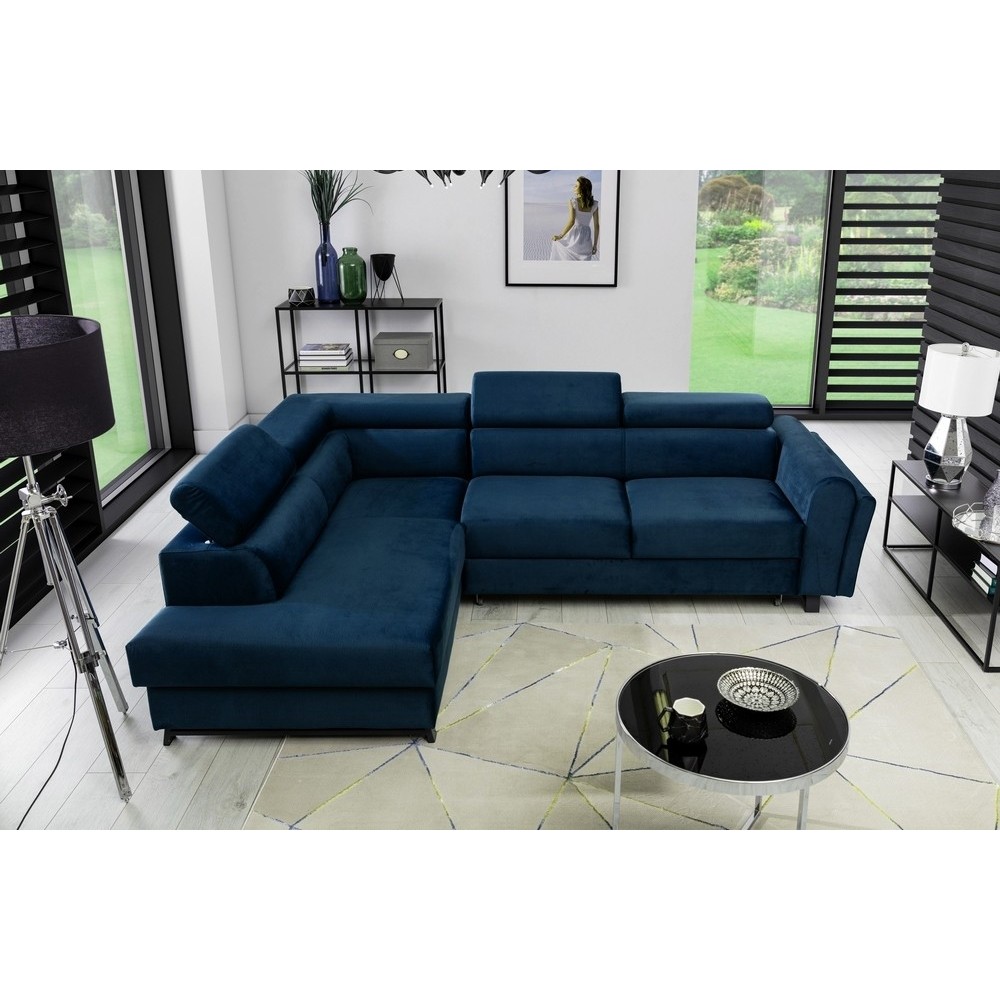 Canapé d'angle convertible - KARL VELOURS - en tissu prestige bleu - 5 places, angle gauche (vu de face) Canapé d'angle convertible - KARL VELOURS - en tissu prestige bleu - 5 places, angle gauche (vu de face)