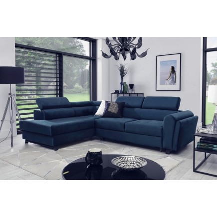 Canapé d'angle convertible - KARL VELOURS - en tissu prestige bleu - 5 places, angle gauche (vu de face)