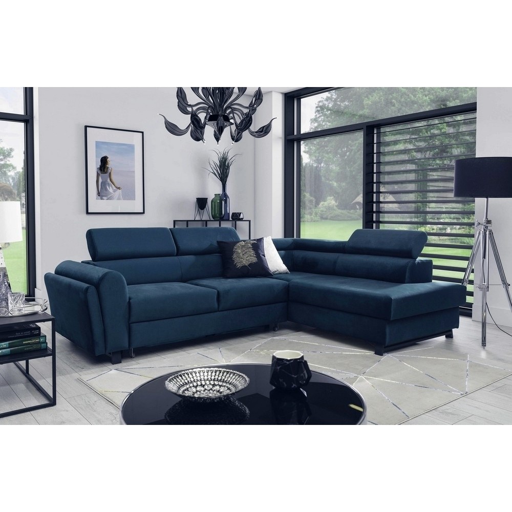 Canapé d'angle convertible - KARL VELOURS - en tissu prestige bleu, 5 places, angle droit (vu de face) Canapé d'angle convertible - KARL VELOURS - en tissu prestige bleu, 5 places, angle droit (vu de face)