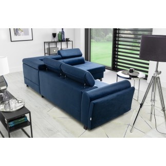 Canapé d'angle convertible - KARL VELOURS - en tissu prestige bleu, 5 places, angle droit (vu de face)