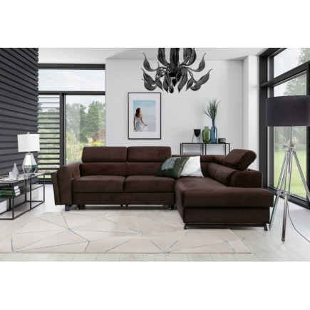 Canapé d'angle convertible - KARL VELOURS - en tissu prestige, 5 places, chocolat, angle droit (vu de face)