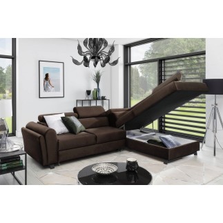 Canapé d'angle convertible - KARL VELOURS - en tissu prestige, 5 places, chocolat, angle droit (vu de face)