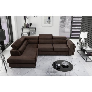 Canapé d'angle convertible - KARL VELOURS - en tissu prestige - 5 places, chocolat, angle gauche (vu de face)