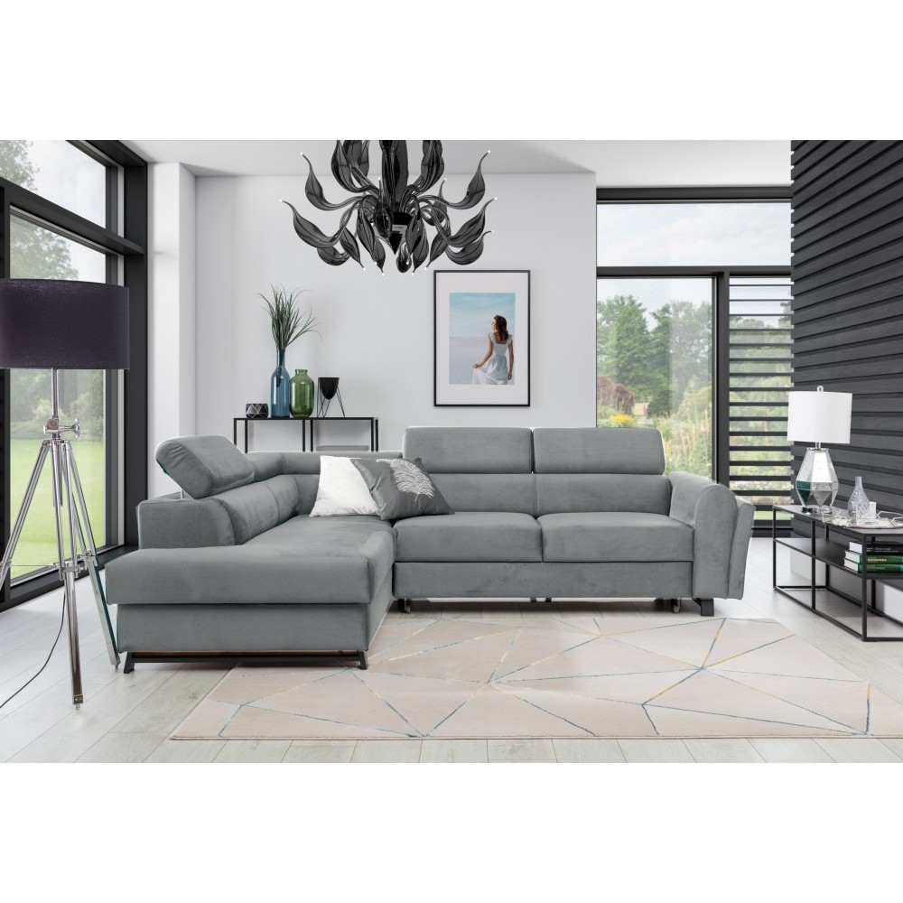 Canapé d'angle convertible - KARL VELOURS - en tissu prestige - 5 places, gris clair, angle gauche (vu de face) Canapé d'angle convertible - KARL VELOURS - en tissu prestige - 5 places, gris clair, angle gauche (vu de face)