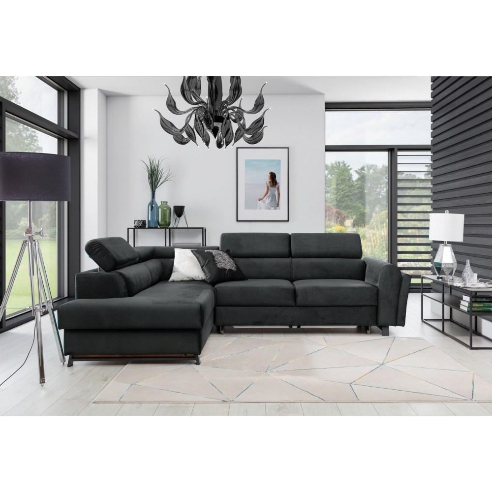 Canapé d'angle convertible - KARL VELOURS - en tissu prestige - 5 places, gris anthracite, angle gauche (vu de face) Canapé d'angle convertible - KARL VELOURS - en tissu prestige - 5 places, gris anthracite, angle gauche (vu de face)