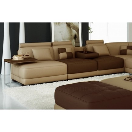 Canapé d'angle en cuir italien 6/7 places PETIT ELIXIR, beige et chocolat, angle droit