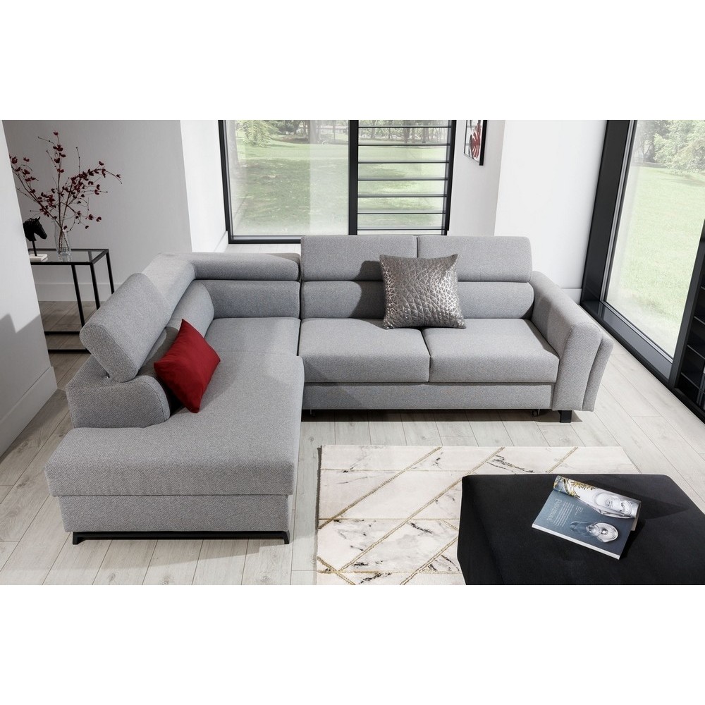 - Canapé d'angle convertible - KARL - en tissu prestige, 5 places, gris , angle gauche (vu de face)