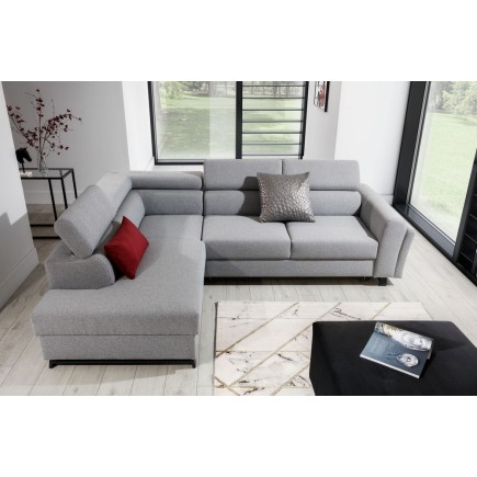 - Canapé d'angle convertible - KARL - en tissu prestige, 5 places, gris , angle gauche (vu de face)
