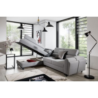 - Canapé d'angle convertible - KARL - en tissu prestige, 5 places, gris , angle gauche (vu de face)