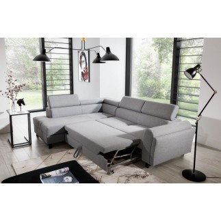 - Canapé d'angle convertible - KARL - en tissu prestige, 5 places, gris , angle gauche (vu de face)