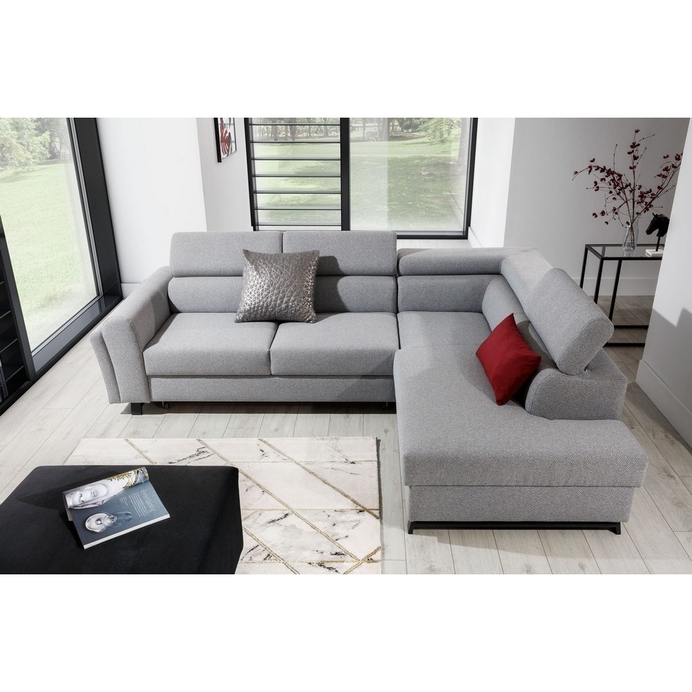 Canapé d'angle convertible - KARL - en tissu prestige - 5 places, gris , angle droit (vu de face) Canapé d'angle convertible - KARL - en tissu prestige - 5 places, gris , angle droit (vu de face)