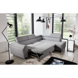 Canapé d'angle convertible - KARL - en tissu prestige - 5 places, gris , angle droit (vu de face)