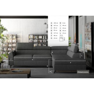 Canapé d'angle convertible - KARL - en tissu prestige - 5 places, gris , angle droit (vu de face)