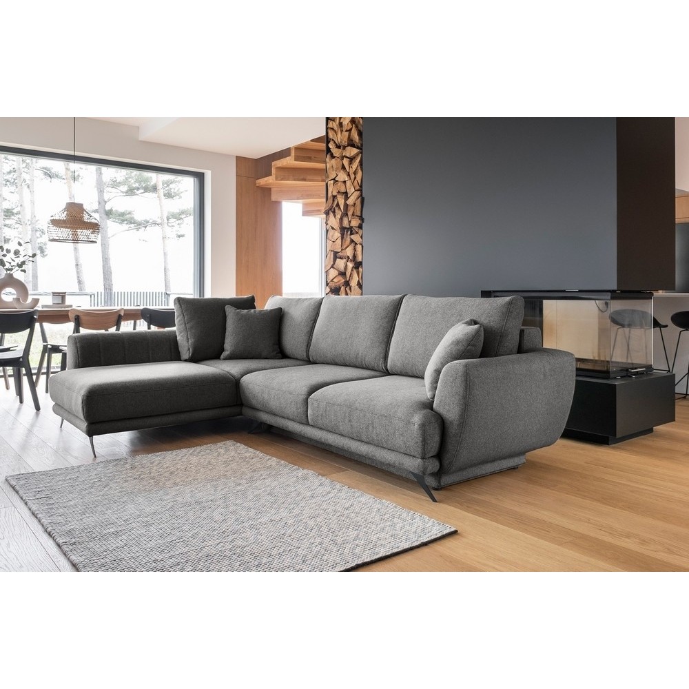 Canapé d'angle convertible - LARSON - en tissu Luxe - 5 places, gris foncé, angle gauche (vu de face)