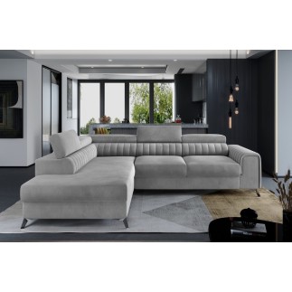 - Canapé d'angle convertible - LARRY VELOURS Luxe, 5 places, gris , angle gauche (vu de face)