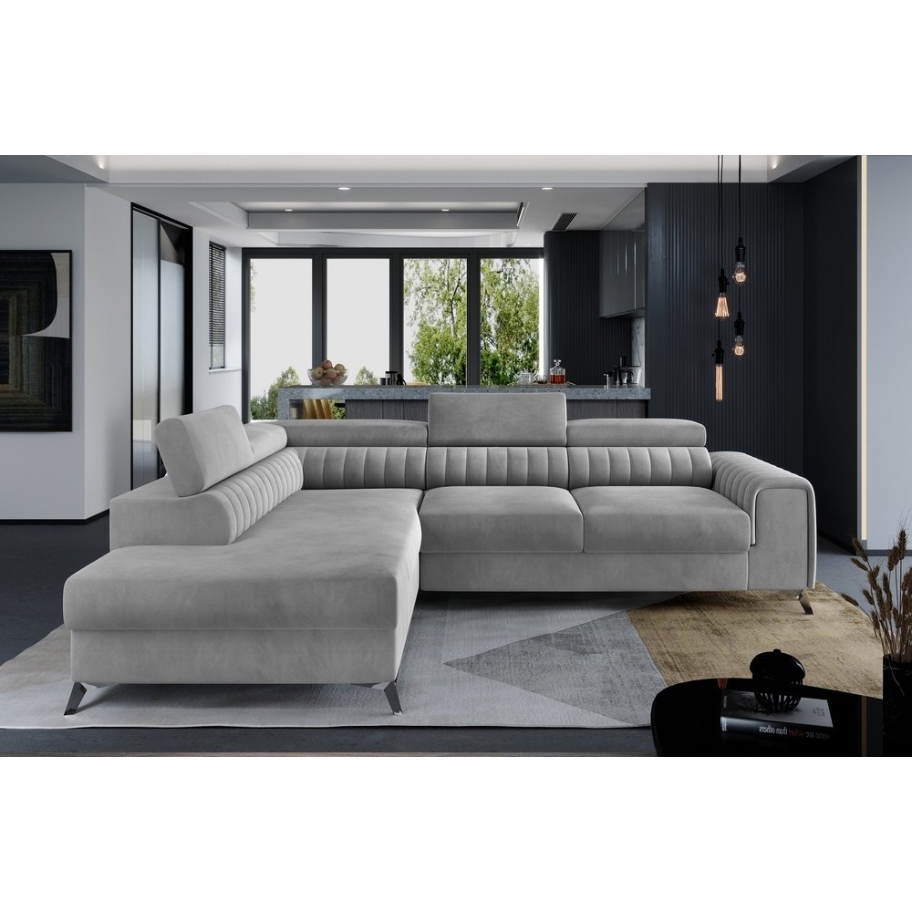 - Canapé d'angle convertible - LARRY VELOURS Luxe, 5 places, gris , angle gauche (vu de face)