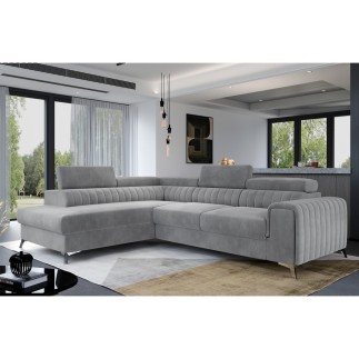 - Canapé d'angle convertible - LARRY VELOURS Luxe, 5 places, gris , angle gauche (vu de face)