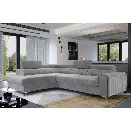 - Canapé d'angle convertible - LARRY VELOURS Luxe, 5 places, gris , angle gauche (vu de face)
