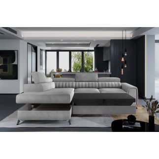- Canapé d'angle convertible - LARRY VELOURS Luxe, 5 places, gris , angle gauche (vu de face)