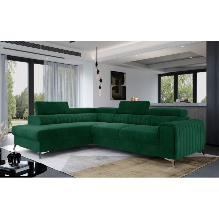 Canapé d'angle convertible - LARRY VELOURS Luxe vert, 5 places, angle gauche (vu de face)