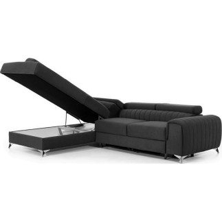 Canapé d'angle convertible - LARRY VELOURS Luxe gris foncé, 5 places, angle gauche (vu de face)