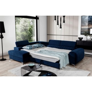 Canapé d'angle convertible - LARRY VELOURS Luxe bleu, 5 places, angle gauche (vu de face)