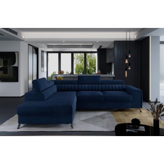 Canapé d'angle convertible - LARRY VELOURS Luxe bleu, 5 places, angle gauche (vu de face)
