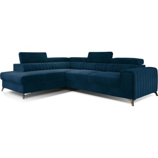 Canapé d'angle convertible - LARRY VELOURS Luxe bleu, 5 places, angle gauche (vu de face)