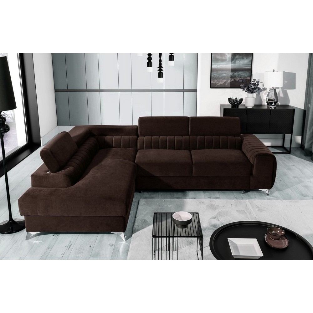 Canapé d'angle convertible - LARRY VELOURS Luxe marron, 5 places, angle gauche (vu de face)