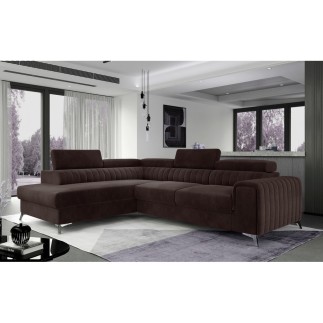 Canapé d'angle convertible - LARRY VELOURS Luxe marron, 5 places, angle gauche (vu de face)