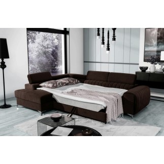 Canapé d'angle convertible - LARRY VELOURS Luxe marron, 5 places, angle gauche (vu de face)