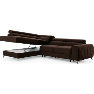 Canapé d'angle convertible - LARRY VELOURS Luxe marron, 5 places, angle gauche (vu de face)
