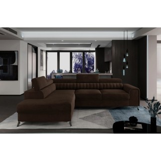 Canapé d'angle convertible - LARRY VELOURS Luxe marron, 5 places, angle gauche (vu de face)