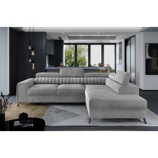 Canapé d'angle convertible - LARRY VELOURS Luxe, 5 places, gris , angle droit (vu de face)