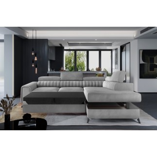 Canapé d'angle convertible - LARRY VELOURS Luxe, 5 places, gris , angle droit (vu de face)