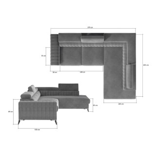 Canapé d'angle convertible - LARRY VELOURS Luxe, 5 places, gris , angle droit (vu de face)