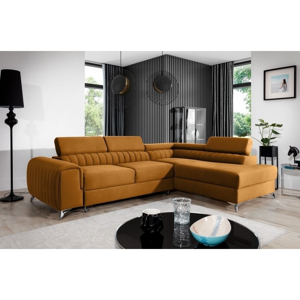 Canapé d'angle convertible - LARRY VELOURS Luxe, bronze, 5 places, angle droit (vu de face)