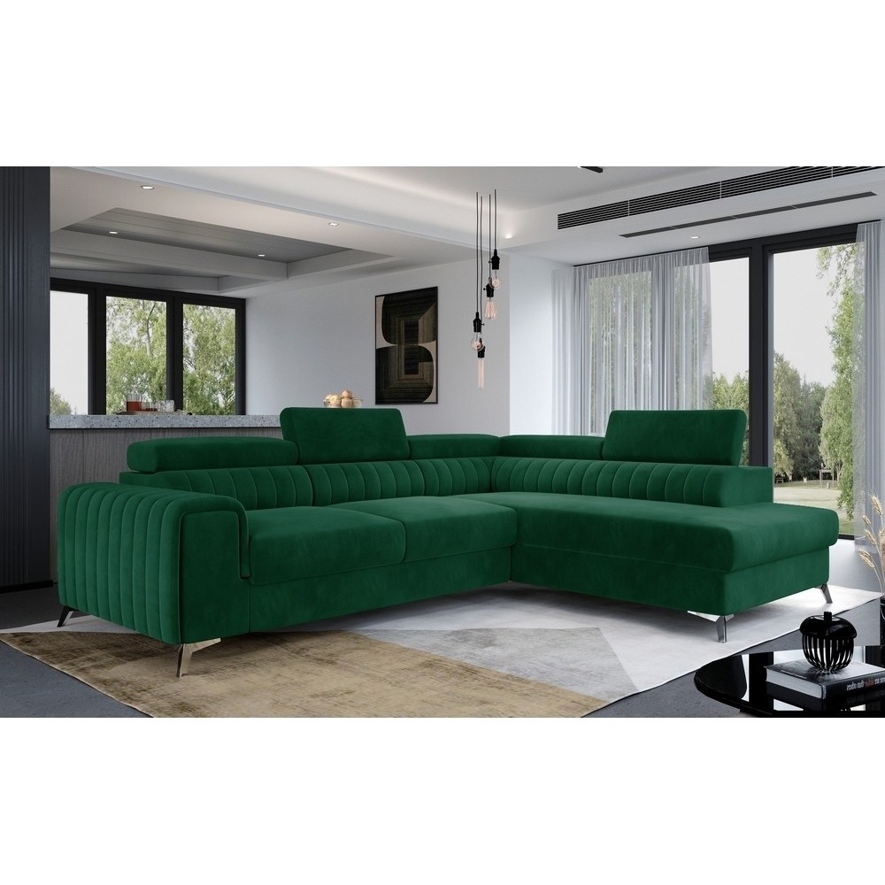 Canapé d'angle convertible - LARRY VELOURS Luxe vert, 5 places, angle droit (vu de face)