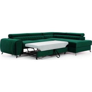 Canapé d'angle convertible - LARRY VELOURS Luxe vert, 5 places, angle droit (vu de face)