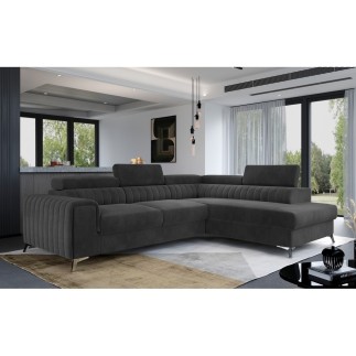 Canapé d'angle convertible - LARRY VELOURS Luxe gris foncé, 5 places, angle droit (vu de face)