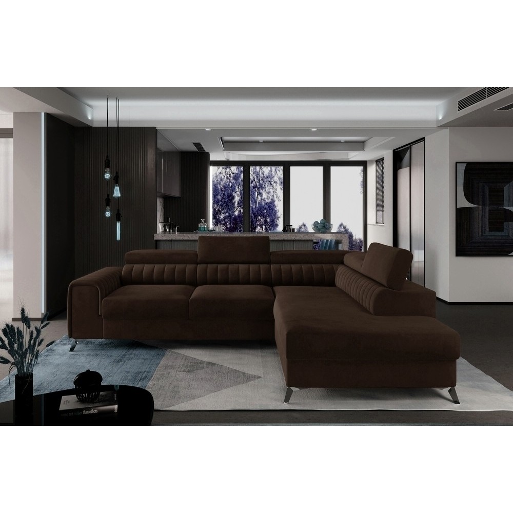 Canapé d'angle convertible - LARRY VELOURS Luxe marron, 5 places, angle droit (vu de face)