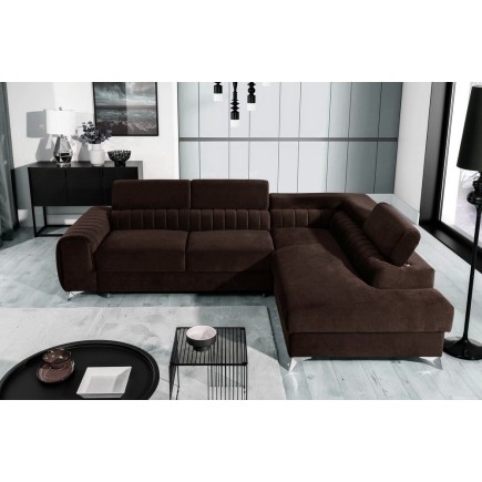 Canapé d'angle convertible - LARRY VELOURS Luxe marron, 5 places, angle droit (vu de face)